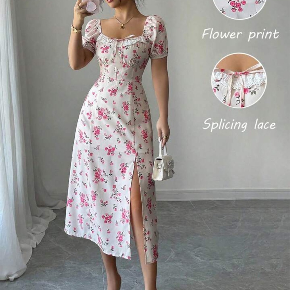 Floral Print Puff Sleeve Dress - Size S (4)